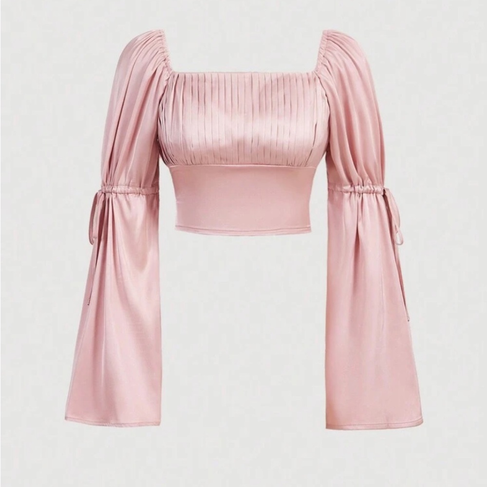 SHEIN 🩰 Smocked Square-Neck Pink Satin Crop Top